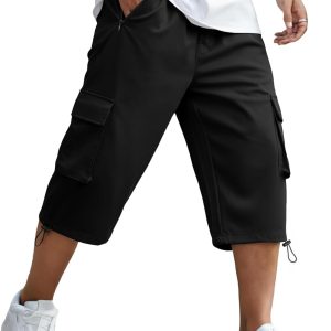 JMIERR Men's Relaxed Fit 3/4 Shorts Elastic Waist Capri Cargo Pants Adjustable Leg Opening for Travel. XL. Black | Amazon.com