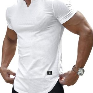 JMIERR Men's Muscle Slim Fit T-Shirt V Neck Hipster Longline White Henley Shirt Short Sleeve Gym Workout Athletic Fitted Tees Shirts for Men.US 43(L) | Amazon.com