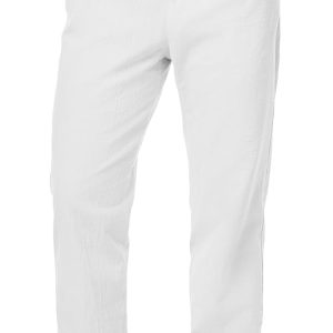 JMIERR Mens Casual 100% Cotton Yoga Pants Linen Elastic Waist Drawstring Summer Beach Lightweight Loose Fit Straight Leg Trousers with Pockets. M. White at Amazon Men's Clothing store