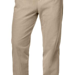 Men's Casual 100% Cotton Straight Leg Pants Linen Elastic Waist Drawstring Summer Classic Fit Beach Lightweight Dress Trousers with Pockets. L. Khaki at Amazon Men's Clothing store