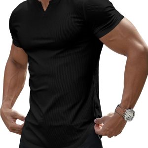 JMIERR Muscle Shirts for Men Short Sleeve V-Neck T Shirt Hipster Longline Henley Shirt Gym Workout Athletic Tee Shirts.US 43(L).Black | Amazon.com