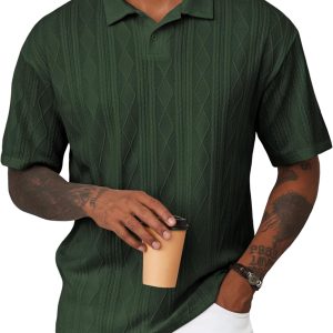 JMIERR Men's Shirts Textured Polo Shirt Lightweight Short Sleeve Casual Fashion Vintage T Shirts Button Down Knit Golf Clothes. L. Green at Amazon Men's Clothing store