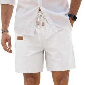 JMIERR Mens Linen Shorts 7 inch Casual Fashion Elastic Waist Drawstring Summer Beach Comfortable Cruise Golf Dress Cotton Shorts with Pockets. M. White at Amazon Men's Clothing store
