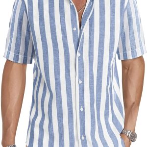 JMIERR Men's Summer Casual Stylish Short Sleeve Button-Down Shirts Cotton Linen Vertical Striped Business Dress Shirts Beach Shirt. L. Sky Blue : Clothing. Shoes & Jewelry