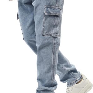 JMIERR Men's Streetwear Cargo Pants Relaxed Straight Leg Jeans Hip Hop Style Denim Trousers with Flap Pockets. 36. Sky Blue at Amazon Men's Clothing store